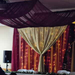colored ceiling draping swoops and layered backdrop with twinkle lights ($250 per swoop - 4 swoop minimum