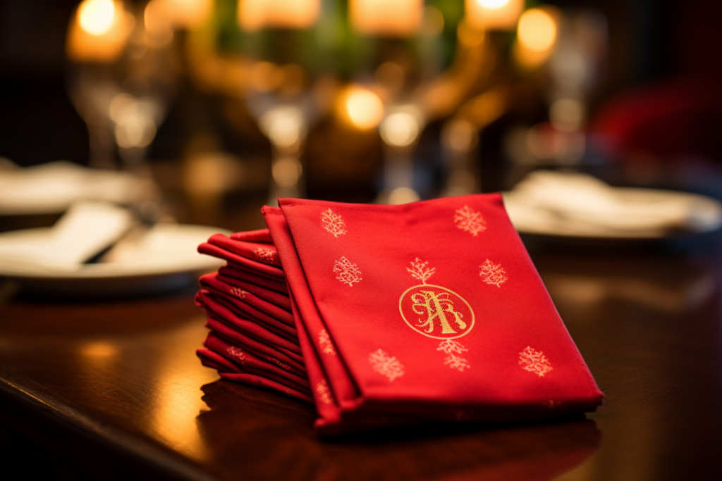a table with napkins on it and candles in the background