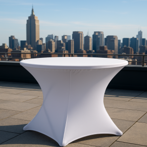 a white table with a city skyline in the background
