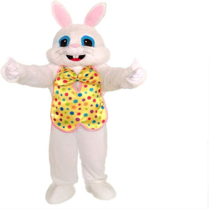 a white bunny mascot with a yellow bow tie