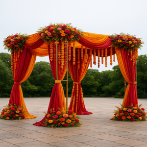 a decorated stage with orange drapes and flowers