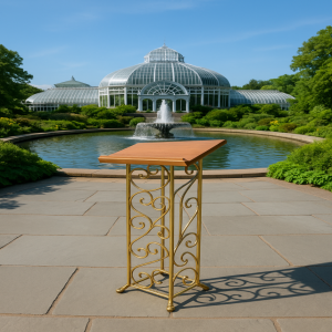 a table in the middle of a garden with a fountain in the background