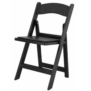 a black plastic folding chair on a white background