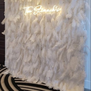 a white feather backdrop with a neon sign