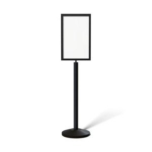a black stand with a white sign on it