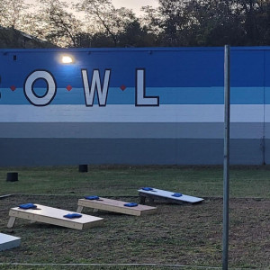 a row of cornholes in a field with a bowling sign in the background