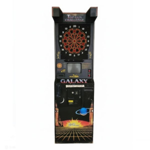 an arcade machine with a dart in it