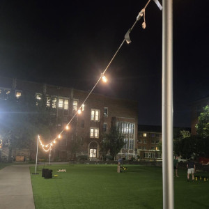 a street light on a pole in front of a building