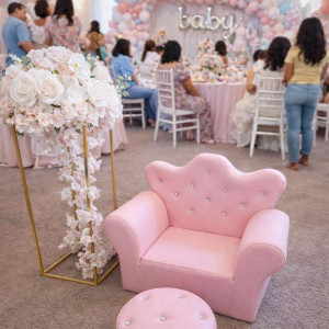 Pink leather princess throne chair with matching ottoman rental styled for a luxury children’s party or special event in Pittsburgh