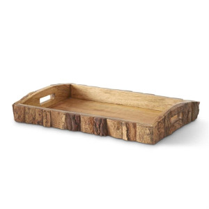Rustic bark edge wooden serving tray with natural wood grain and carved side handles for wedding cookie table or charcuterie display in Pittsburgh