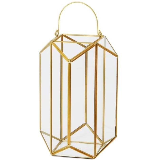 Gold hexagon terrarium lantern with glass panels and candlelight styled on an elegant wedding reception table in Pittsburgh