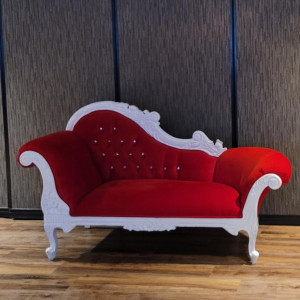 Red Velvet Settee with carved wood frame styled for a luxury wedding sweetheart table in Pittsburgh PA