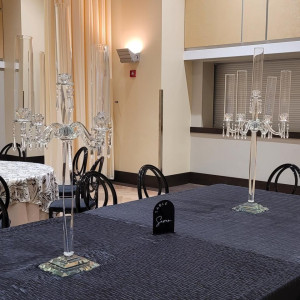 Crystal candelabra rental, 5 arm crystal candelabra, square base candelabra rental, elegant event centerpieces Pittsburgh, wedding candle decor rental, corporate gala decor