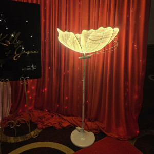 Small illuminated butterfly floor light glowing in front of red draping backdrop at an elegant event in Pittsburgh