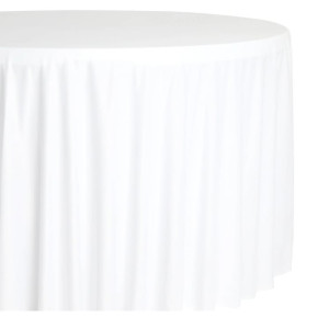 White 120 inch round polyester table linen draped elegantly over a round event table at a wedding reception