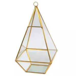 Gold triangle glass terrarium geometric candle holder styled on a luxury wedding reception table in Pittsburgh