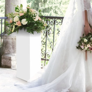 White floral acrylic pedestal column stand rental 12x12x32 inches for wedding ceremony and reception decor in Pittsburgh PA — luxury event pedestal rental, Event Rentals of Pittsburgh