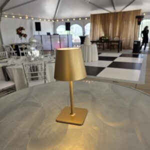 Gold cordless table lamp rental on round reception table at Hyatt House Pittsburgh South Side, elegant wireless event table lighting for weddings and galas, Event Rentals of Pittsburgh