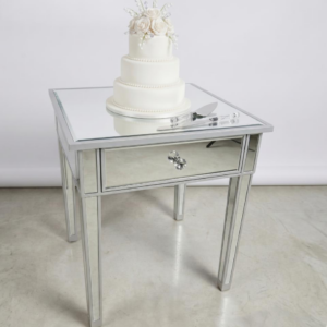 Mirrored cake table rental with crystal drawer pull and white wedding cake display in Pittsburgh PA, glamour mirror wedding cake table for luxury weddings and events, Event Rentals of Pittsburgh