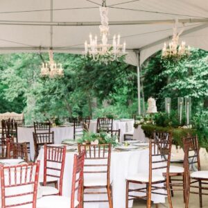 White 5 arm chandelier rental for wedding reception, corporate gala, and luxury events in Pittsburgh PA, elegant overhead event lighting with professional installation, Event Rentals of Pittsburgh