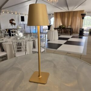 Gold cordless tall table lamp rental on round reception table at Hyatt House Pittsburgh South Side, elegant 15 inch wireless event table lighting for weddings and galas, Event Rentals of Pittsburgh