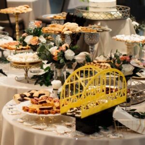 Golden Round Bridge 3D printed cookie table rental at the National Aviary in Pittsburgh PA, gold Pittsburgh bridge replica for wedding cookie table displays, Event Rentals of Pittsburgh