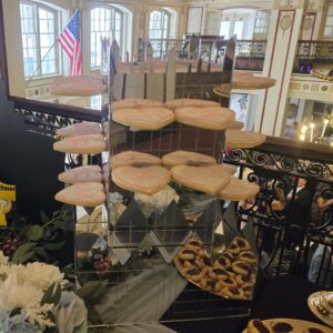 PPG Place mirrored acrylic cookie and cupcake tower rental at George Washington Hotel Washington PA and Meadowlark Botanical Gardens Wolf Trap VA, one of a kind Pittsburgh wedding cookie table display, Event Rentals of Pittsburgh