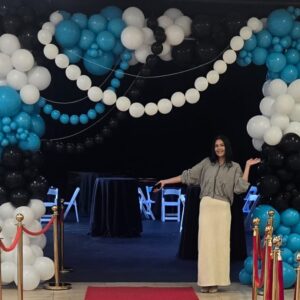 Custom teal black and white organic balloon square arch at BNY Mellon event at Pittsburgh Playhouse Downtown Pittsburgh PA, professional balloon arch installation by Event Rentals of Pittsburgh